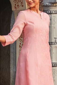 Rose Pink Yard-Dyed Threadwork A-Line Kurta image number 1
