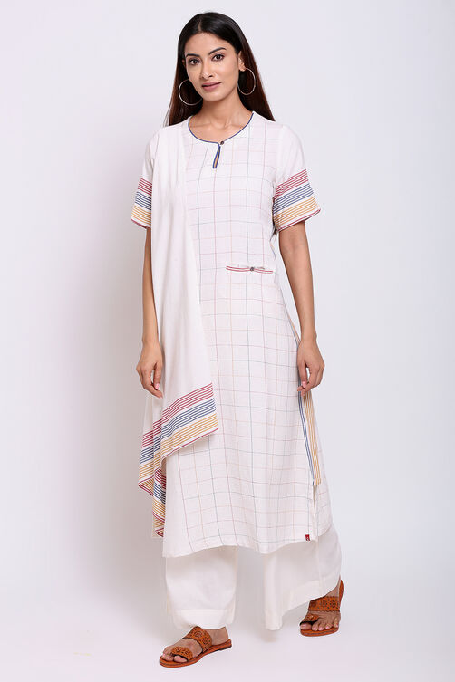 Off White Cotton A-Line Kurta Flared Palazzo Suit Set image number 3