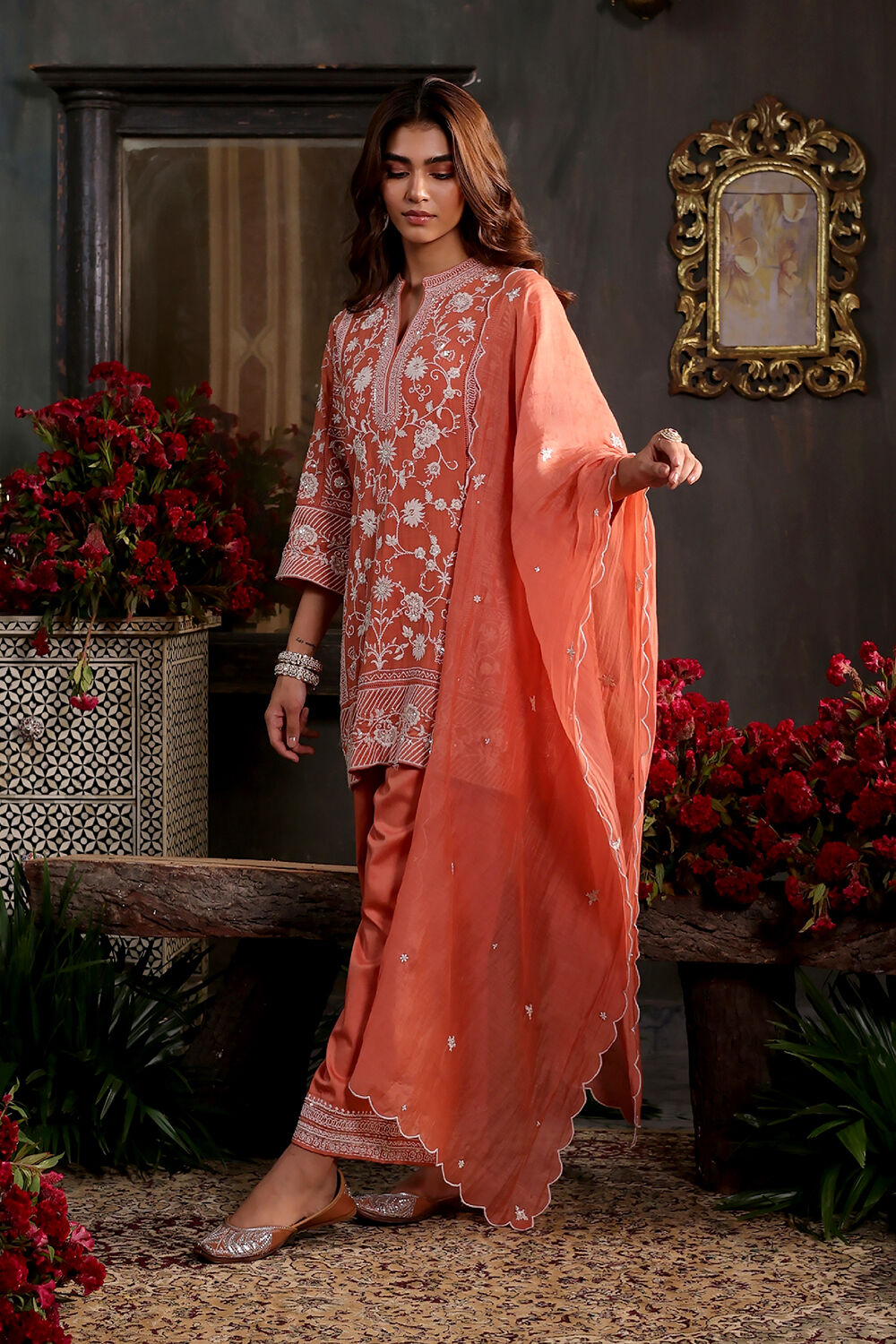 Orange Chanderi Embroidered Straight Suit Set image number 0