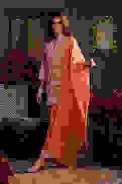 Orange Chanderi Embroidered Straight Suit Set image number 0