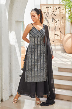 Black Printed Straight Kurta & Palazzo Suit Set image number 5