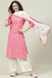 Aqua Blue and White Cotton Straight Suit Set image number 7