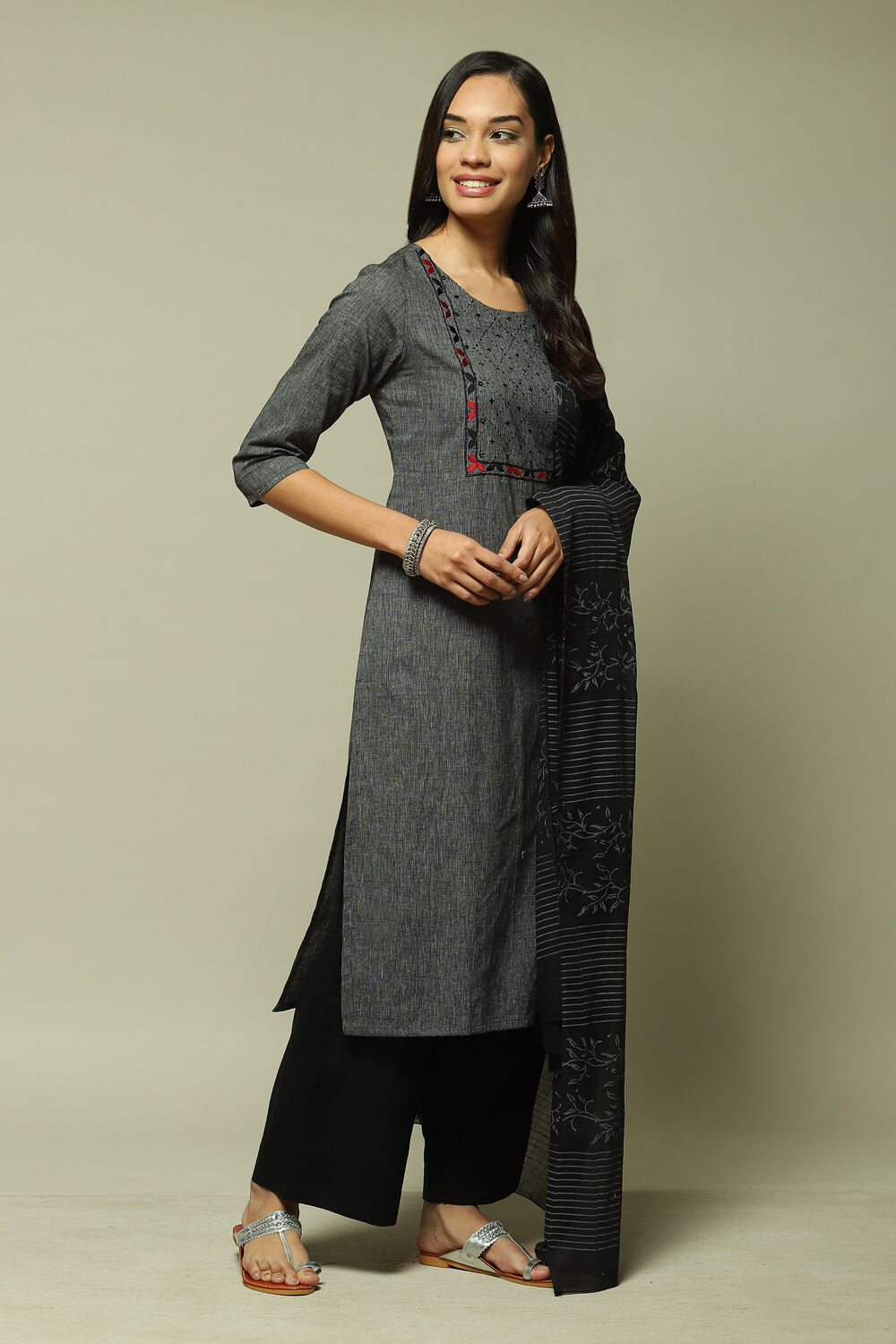 Dark Grey Cotton Machine Embroidered Unstitched Suit Set image number 1