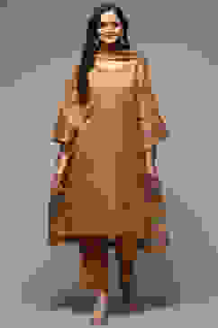 Mustard Art Silk Straight Kurta Slim Pants Suit Set image number 7