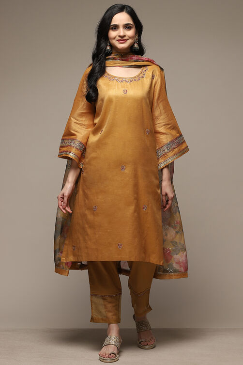 Mustard Art Silk Straight Kurta Slim Pants Suit Set image number 7