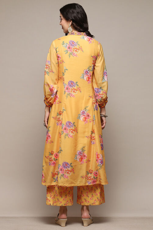 Yellow Poly Viscose A-Line Printed Kurta Palazzo Suit Set image number 5