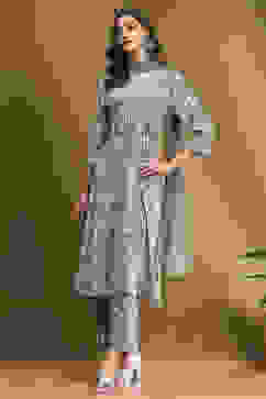 Grey Printed Festive A-line Suit Set image number 0