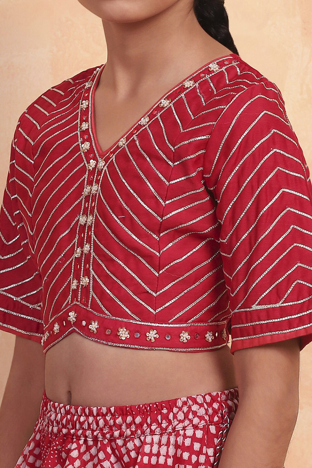 Red Poly Chanderi Printed Lehenga Set image number 1