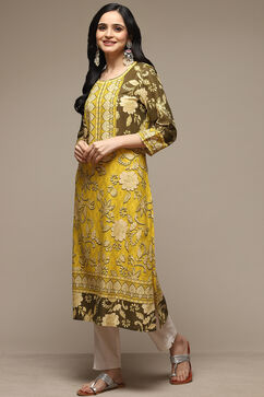 Olive Green LIVA Straight Printed Kurta image number 2