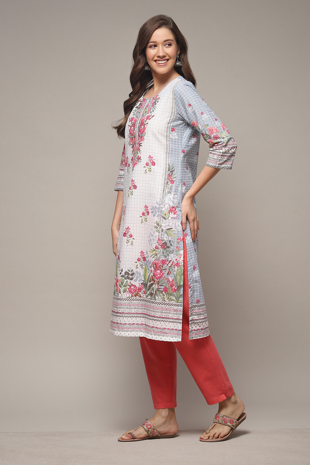Sky Blue LIVA Straight Printed Kurta image number 3