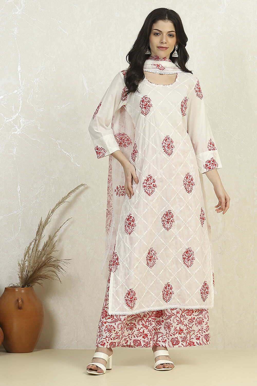 White and Blue Cotton Printed Unstitched Suit Set image number 1