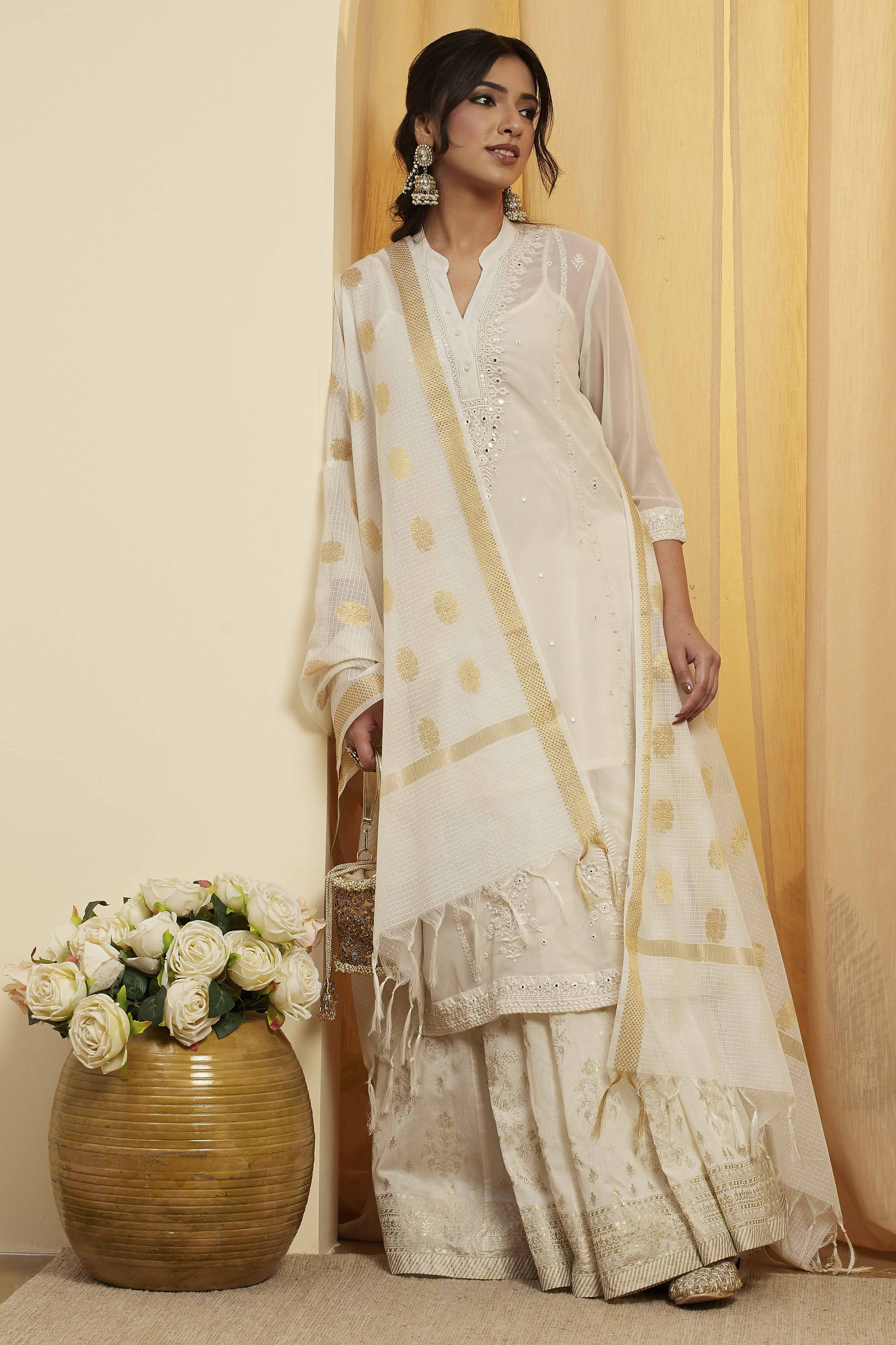 Off White & Gold Woven Design Tasseled Dupatta image number 0