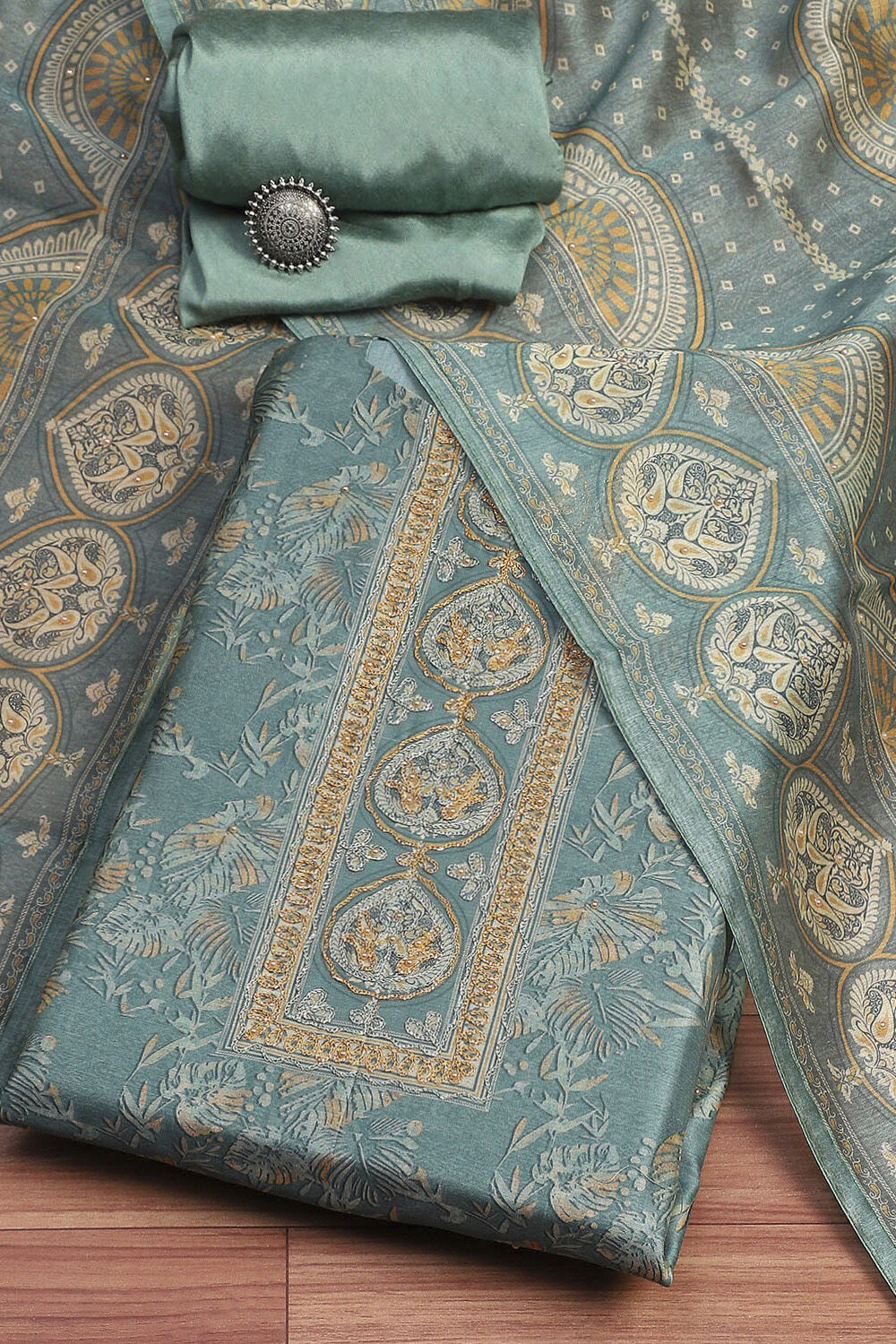 Grey Chanderi Printed Unstitched Suit Set image number 0