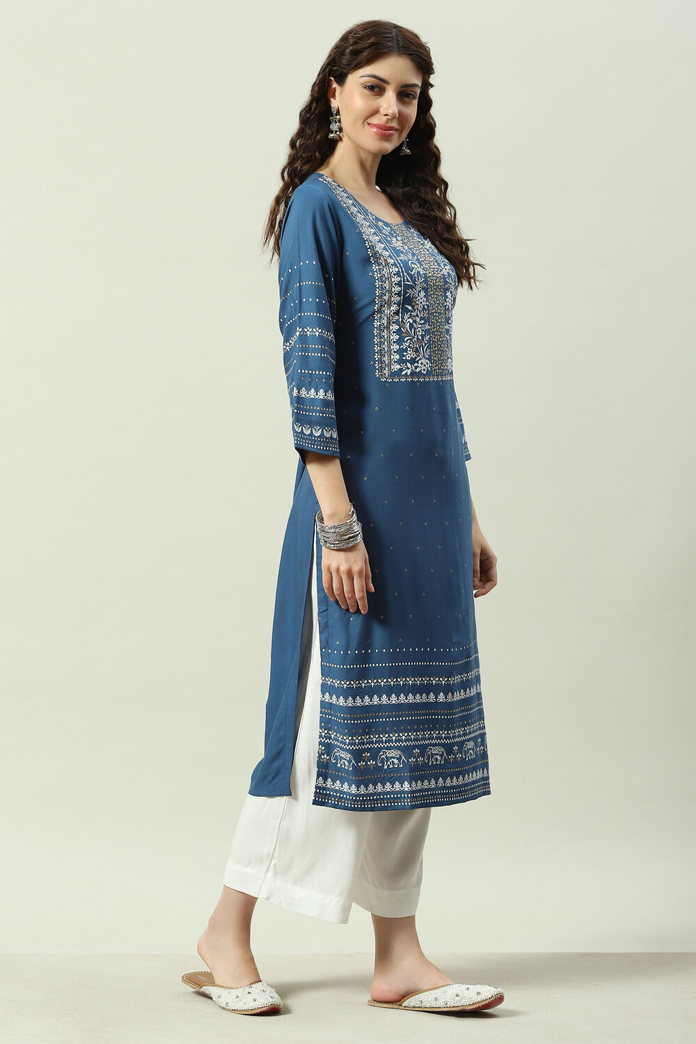 Mustard Printed Rayon Straight Kurta Palazzo Suit Set image number 5