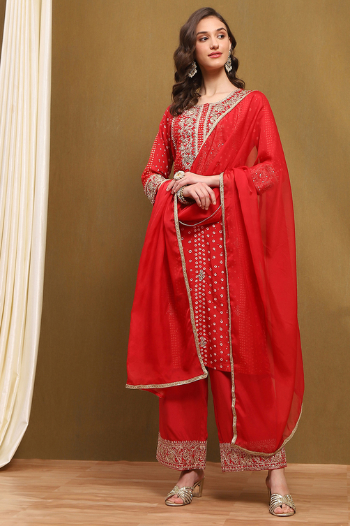 Red Modal Printed Festive Straight Suit Set image number 0