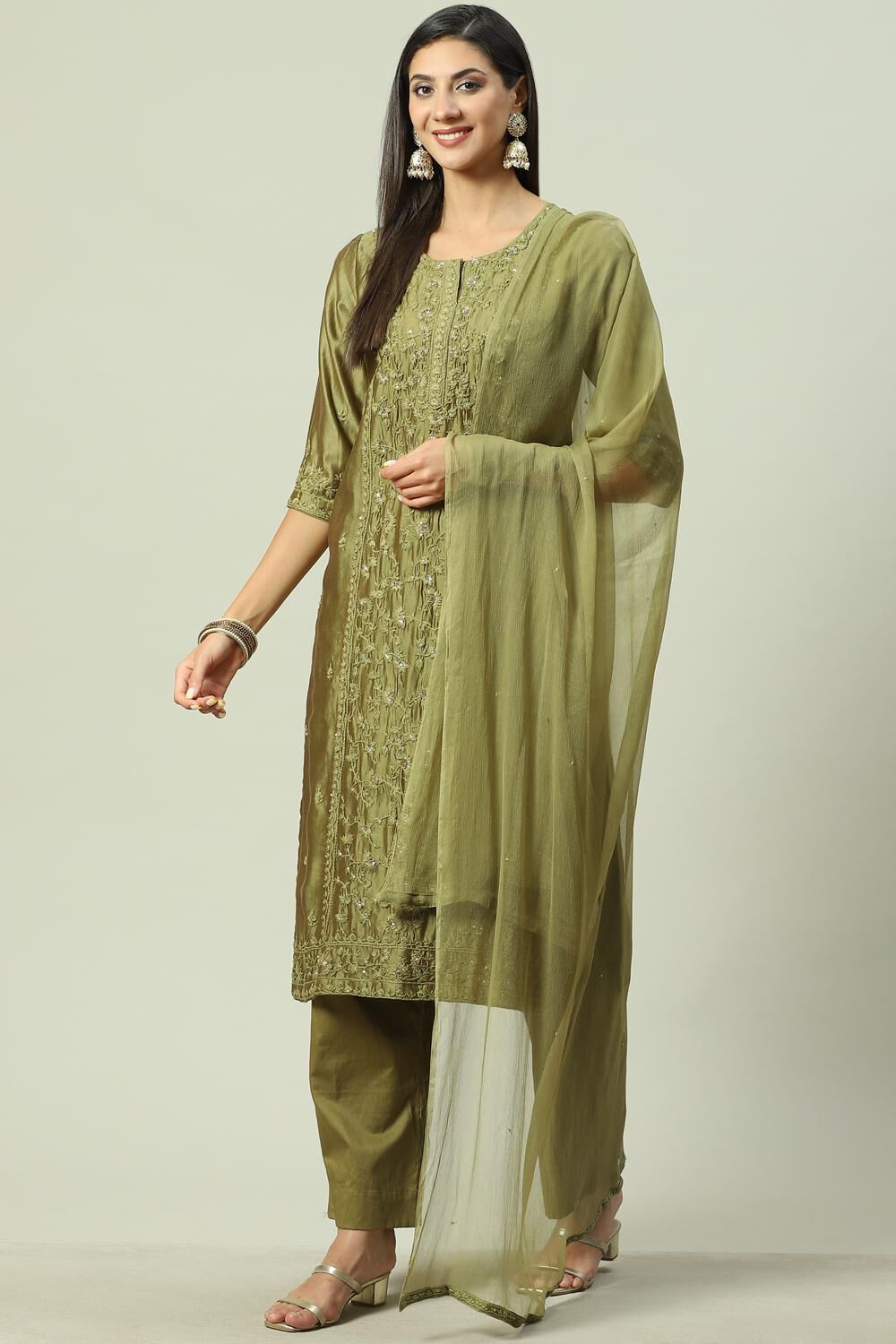 Mehandi Viscose Blend Straight Suit set image number 0