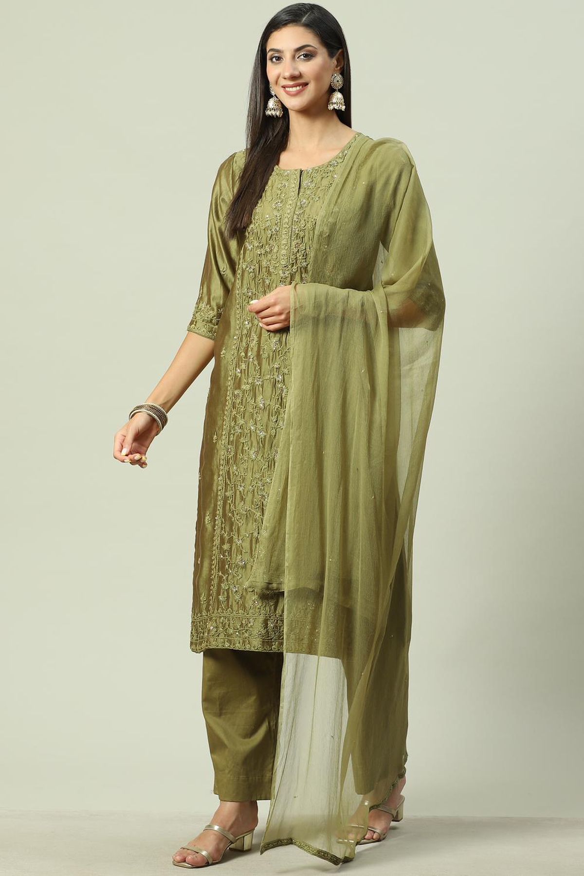 Mehandi Viscose Blend Straight Suit set