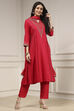 Red Viscose Rayon Straight Solid Suit Set image number 5
