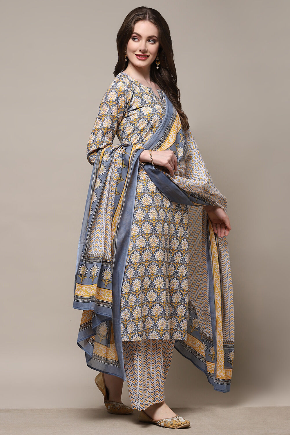 Blue Cotton Screen Printed Unstitched Suit Set image number 7