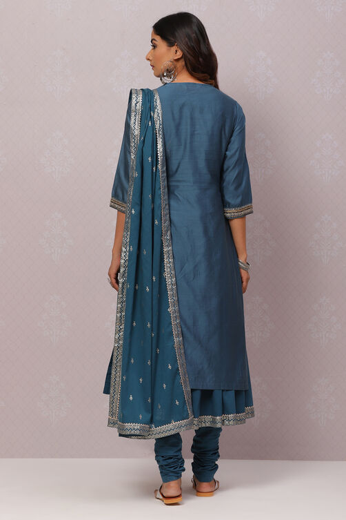 Wine Cotton Silk Flared Kurta Churidar Suit Set image number 8