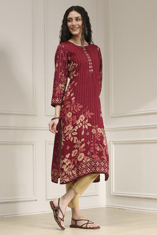 Berry Maroon Printed Straight Kurta image number 4