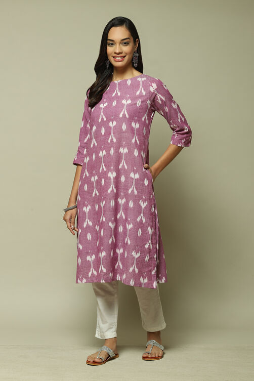 Off-White & Purple Cotton IKAT Flared Yarndyed Kurta image number 1