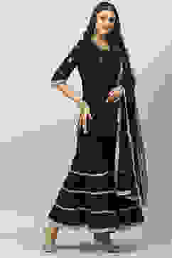 Black Cotton Blend Straight Kurta Garara Suit Set image number 6