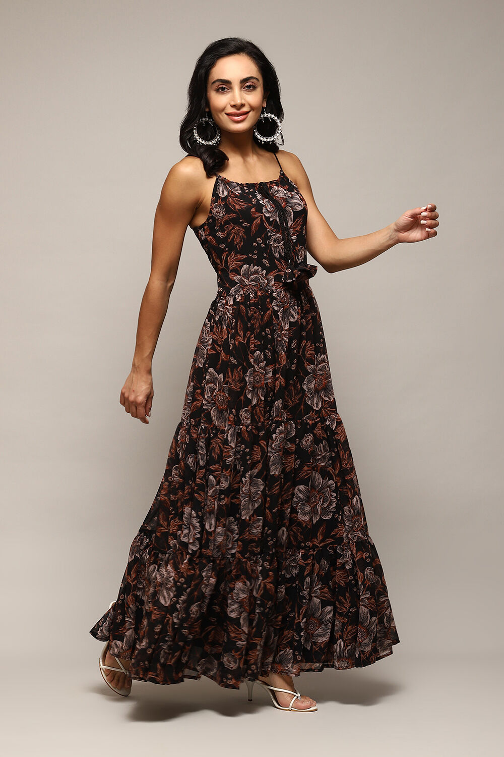 Black Polyester Tiered Dress at Biba India