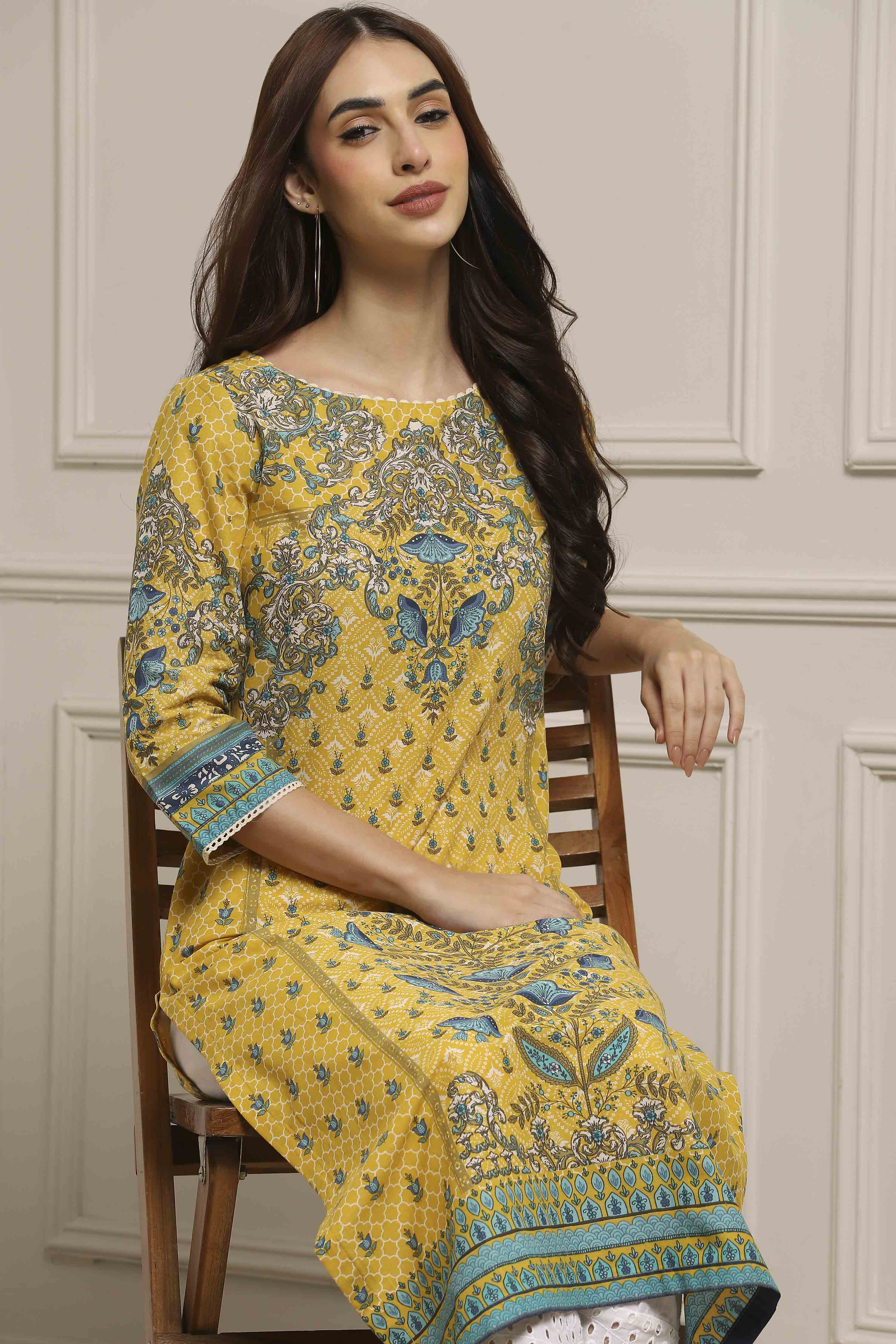 Yellow Cotton Printed Straight Kurta image number 6