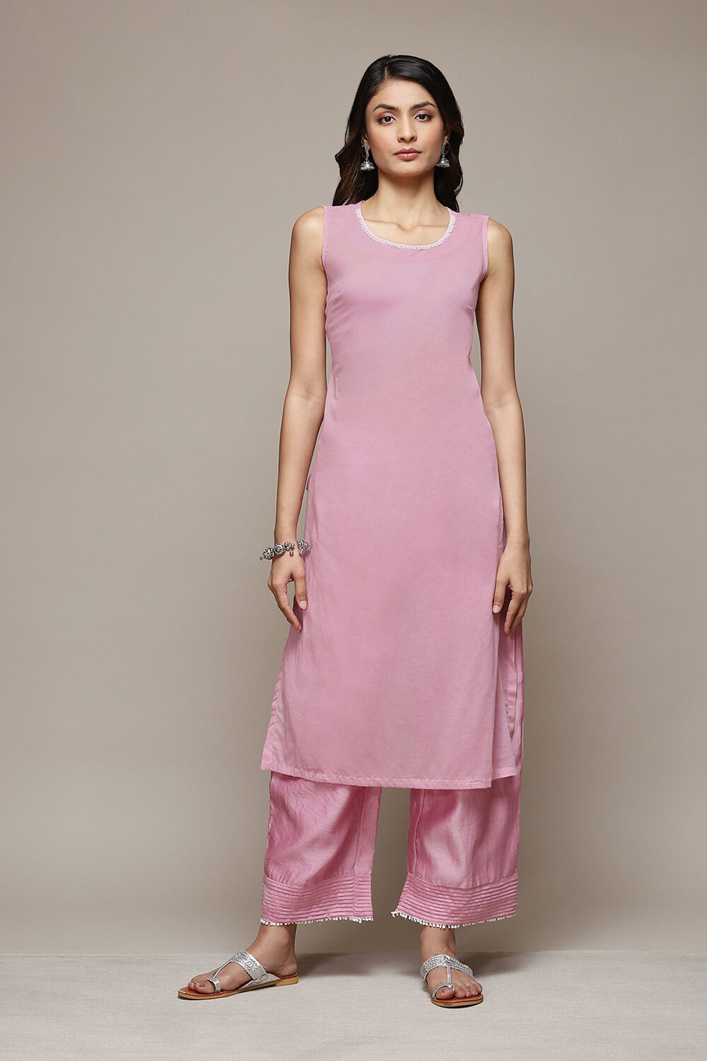 Light Mauve Cotton Blend Straight Kurta Palazzo Suit Set image number 1