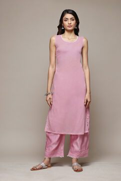 Light Mauve Cotton Blend Straight Kurta Palazzo Suit Set image number 1