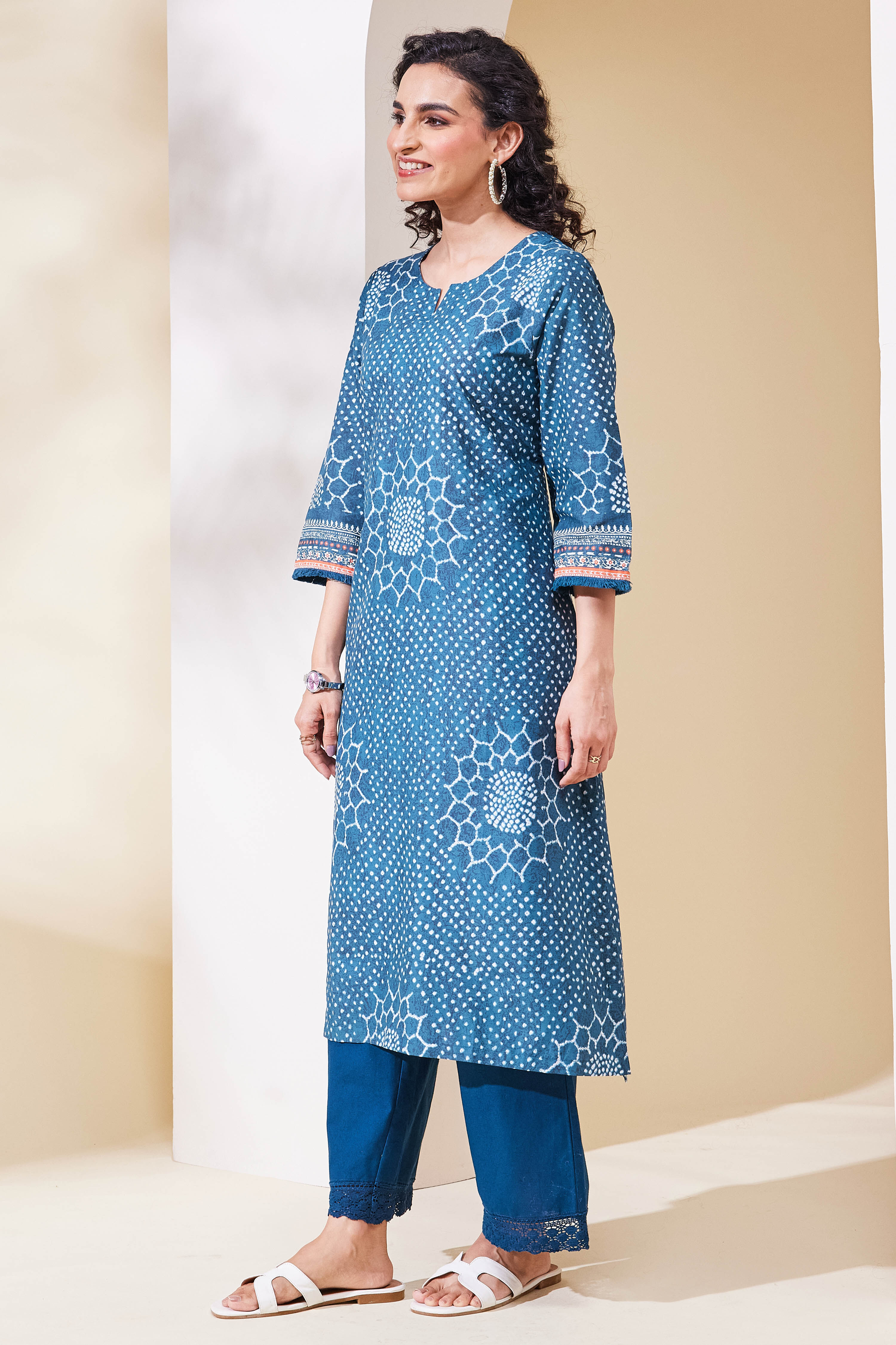 Teal Cotton Straight Kurta image number 2