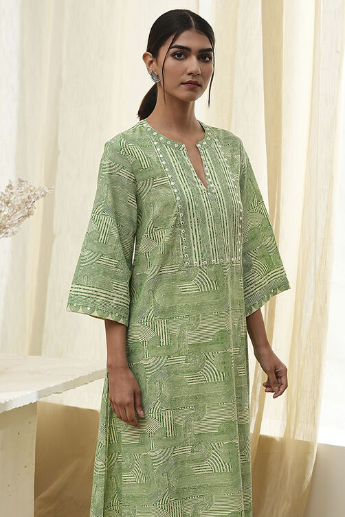 Green Pure Cotton Printed Straight Kurta image number 5