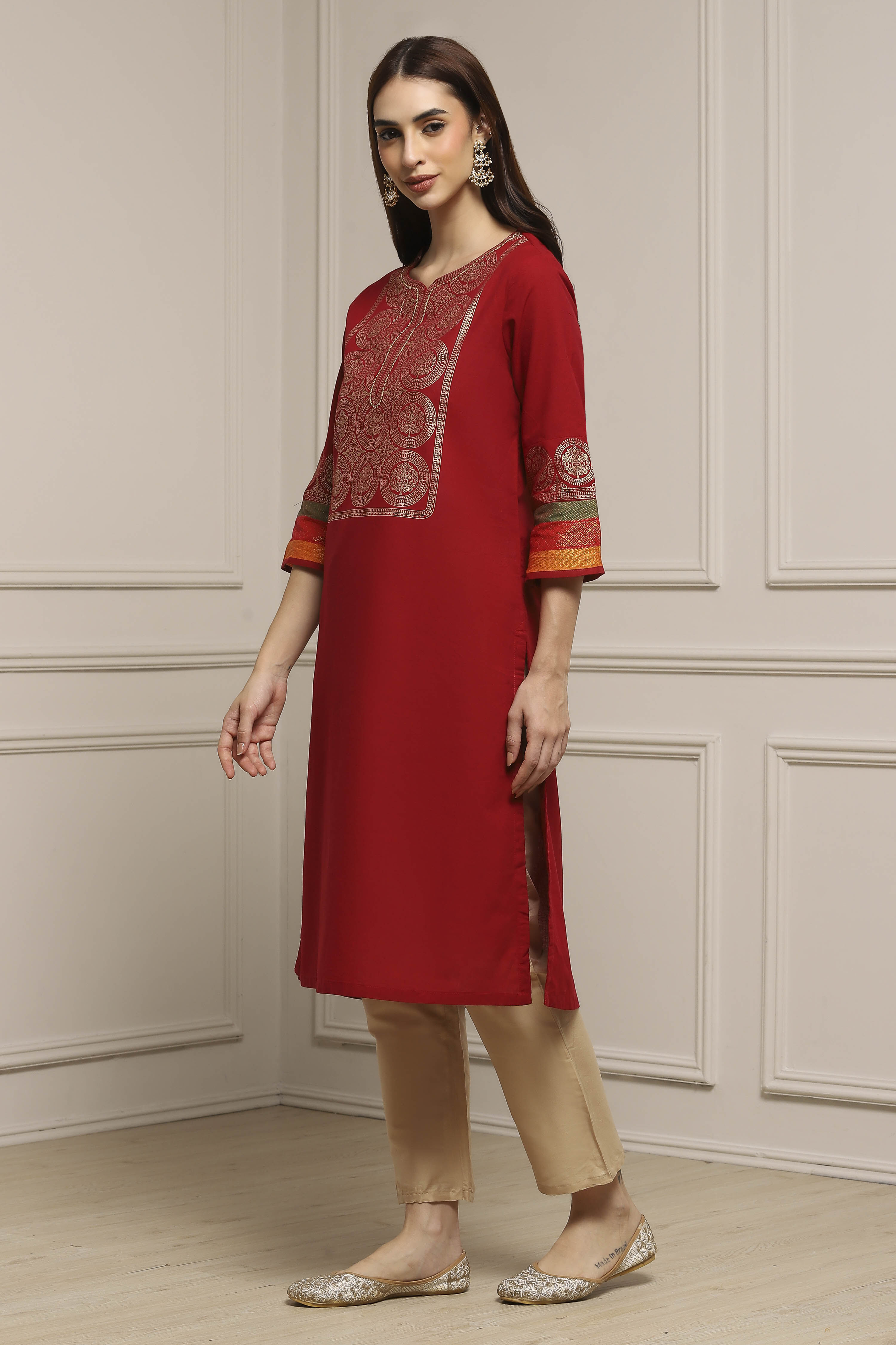 Red Cotton Straight Kurta image number 2