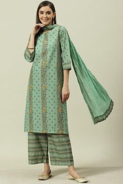 Sage Green Printed Cotton Straight Suit Set image number 0