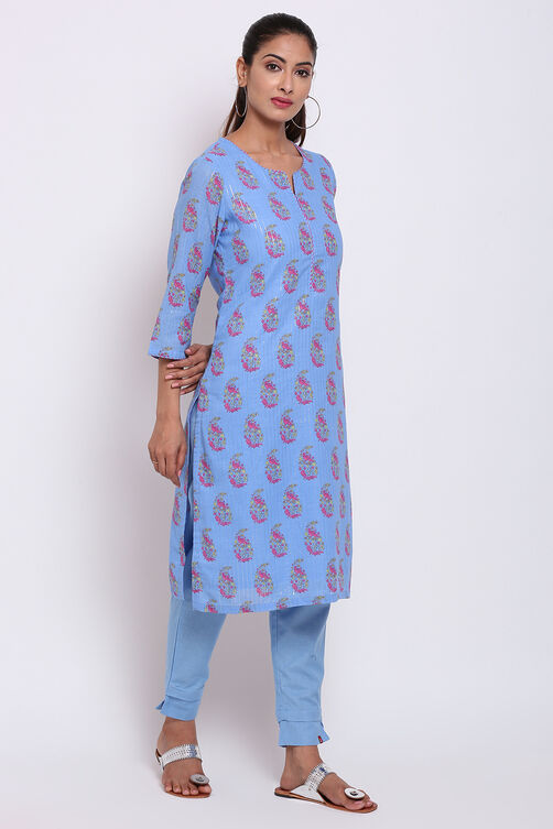 Blue Metallic Cotton Printed Kurti image number 4