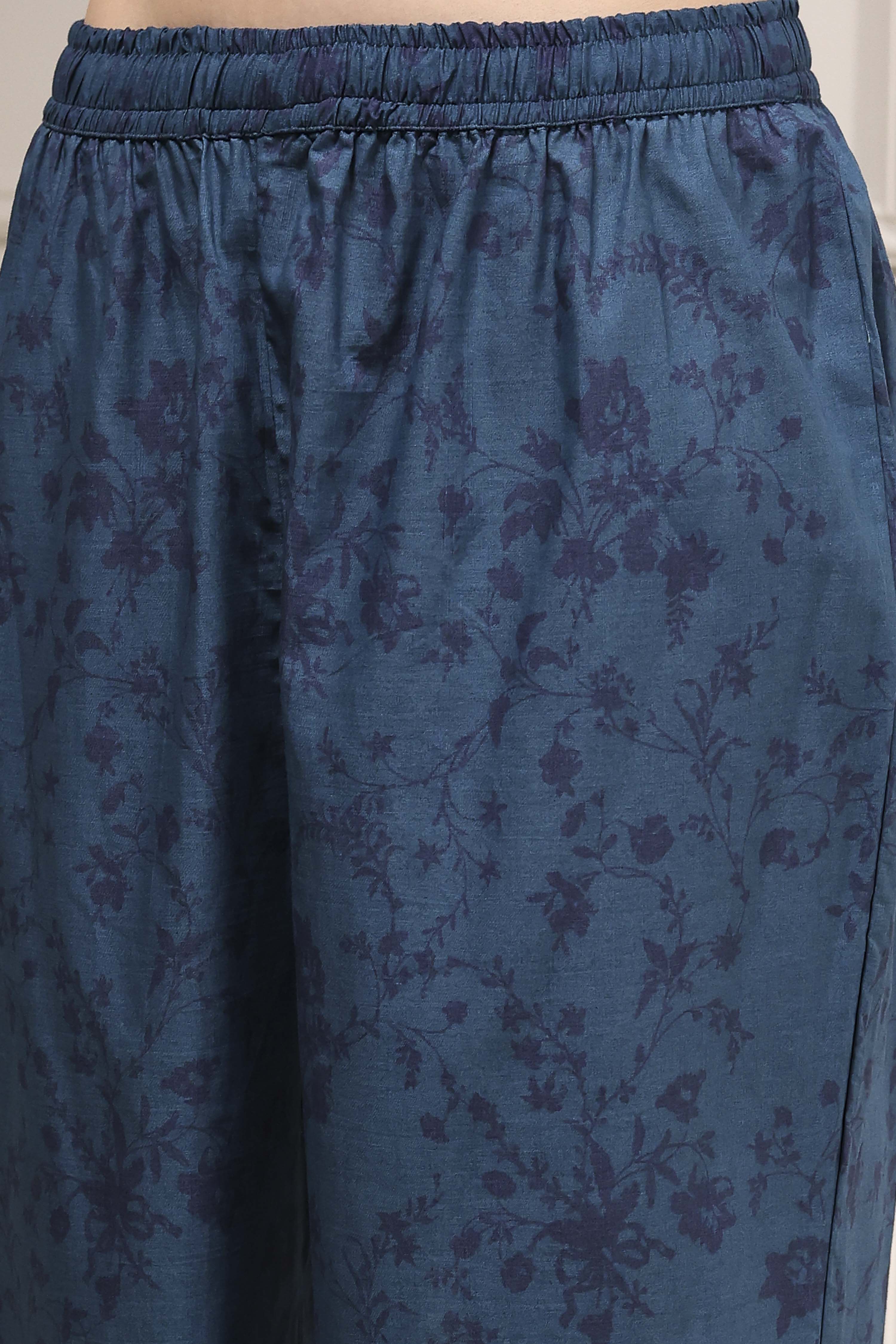 Teal Blue Cotton Printed Straight Suit Set image number 2