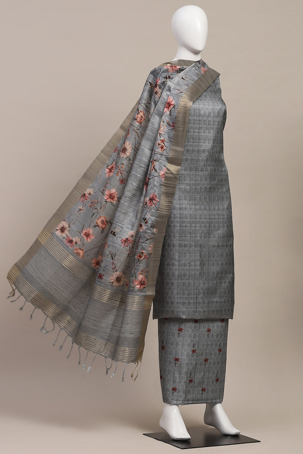Peach Silk Tussar Handloom Unstitched Suit Set image number 4