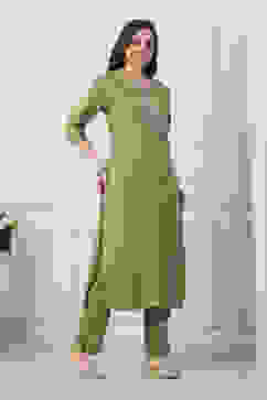 Sap Green Embroidered Straight Kurta Set image number 5