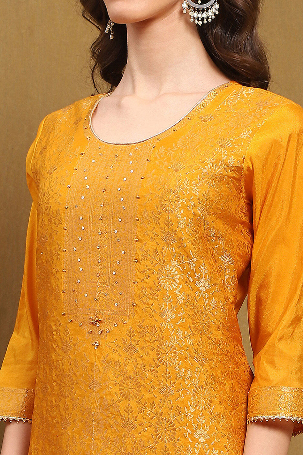Mustard Yellow Silk Blend Woven Unstitched Suit Set image number 7