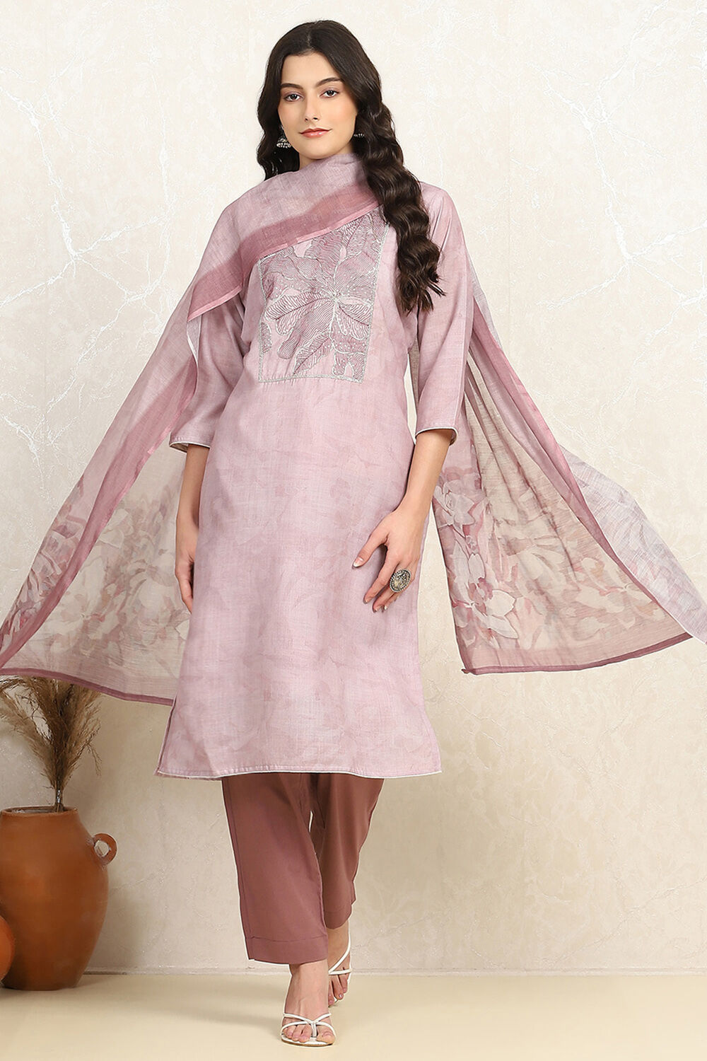 Pink Cotton Unstitched Suit Set image number 1