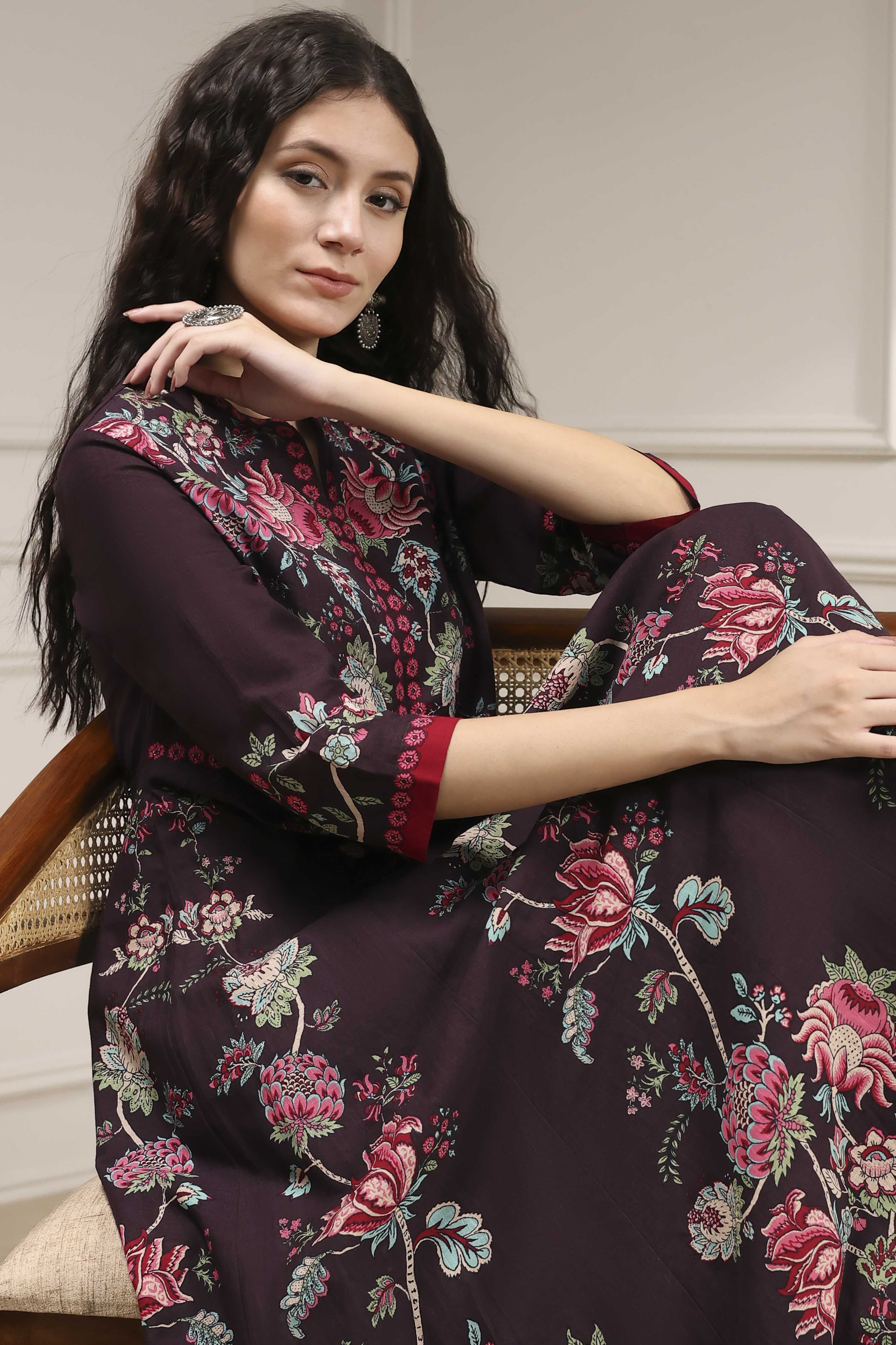 Brown Cotton Printed Anarkali Suit Set image number 0