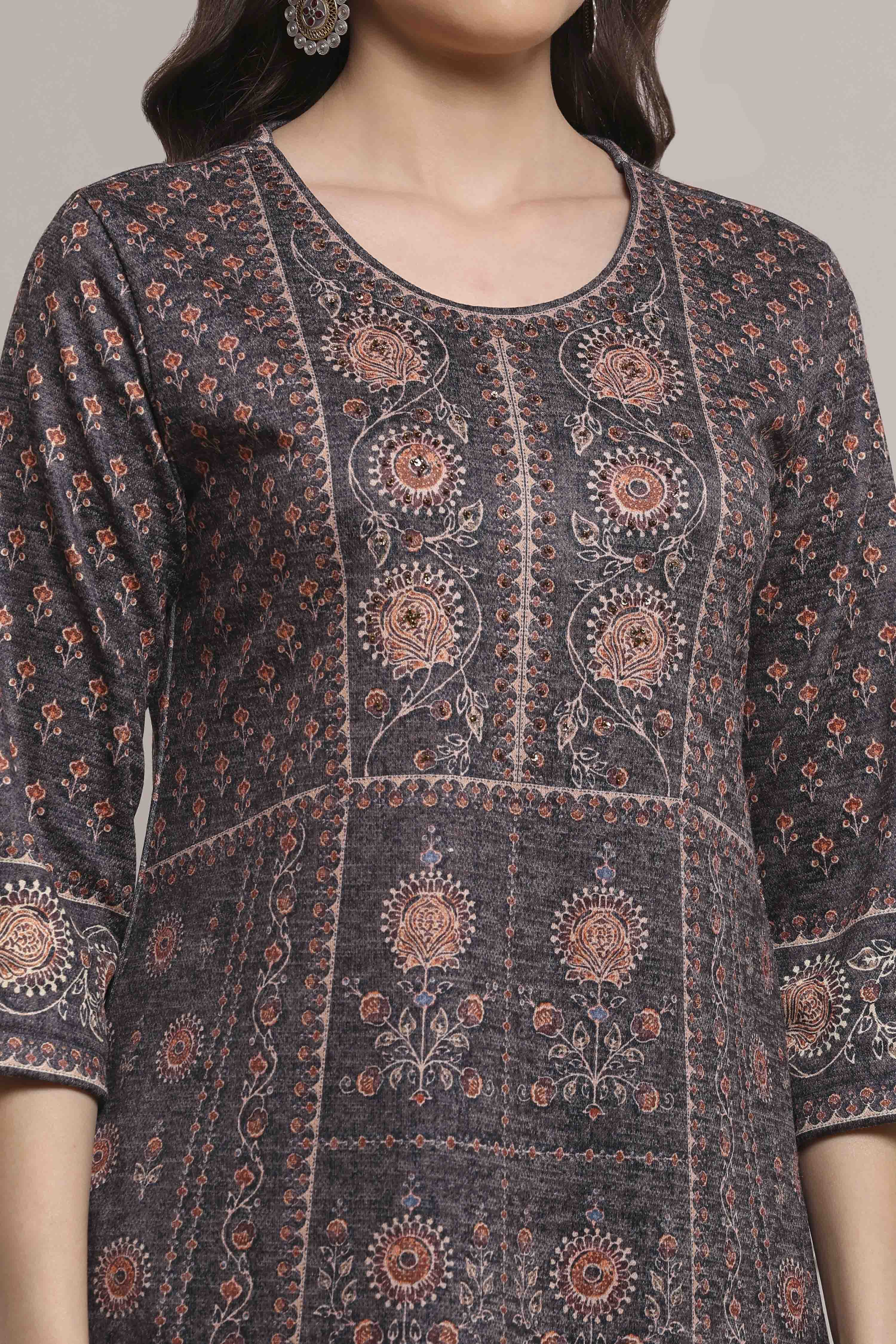 Brown Blended Printed Kurta image number 1