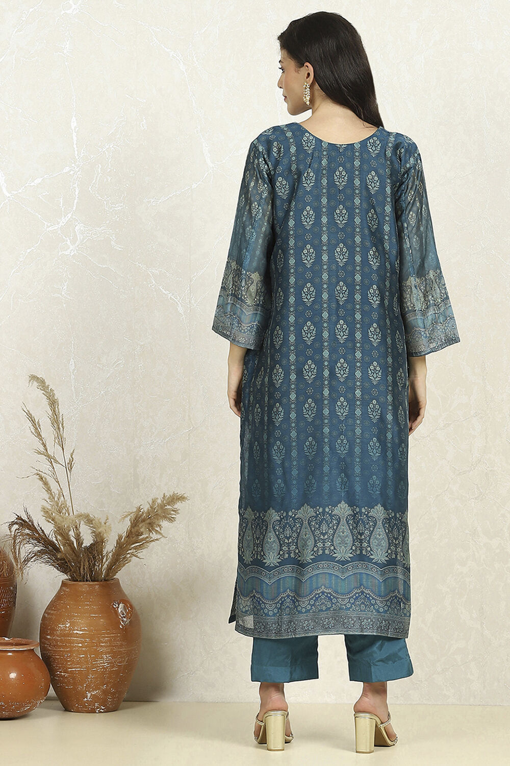 Teal Chanderi Unstitched Suit Set image number 5