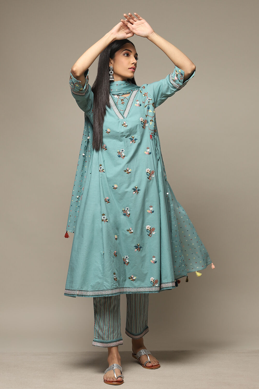 Sap Green Cotton Gathered Kurta Pant Suit Set