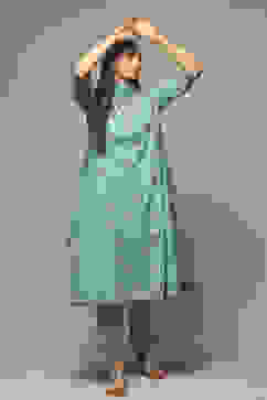 Sap Green Cotton Gathered Kurta Pants Suit Set image number 0