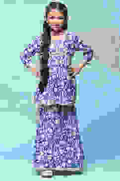 Blue Printed Cotton Peplum Kurta & Garara With Net Dupatta image number 7