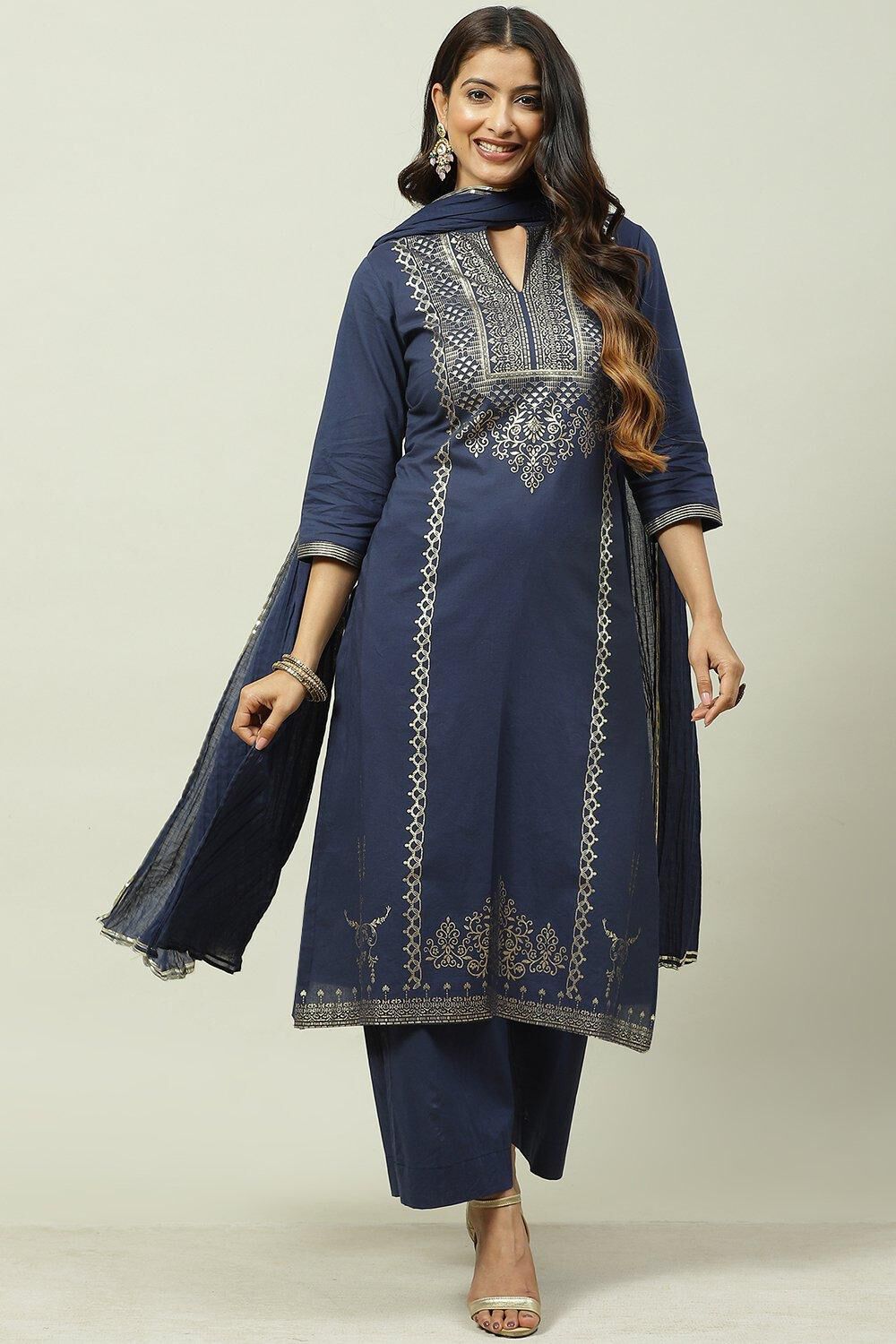 Navy Cotton Straight Kurta Palazzo Suit Set image number 0