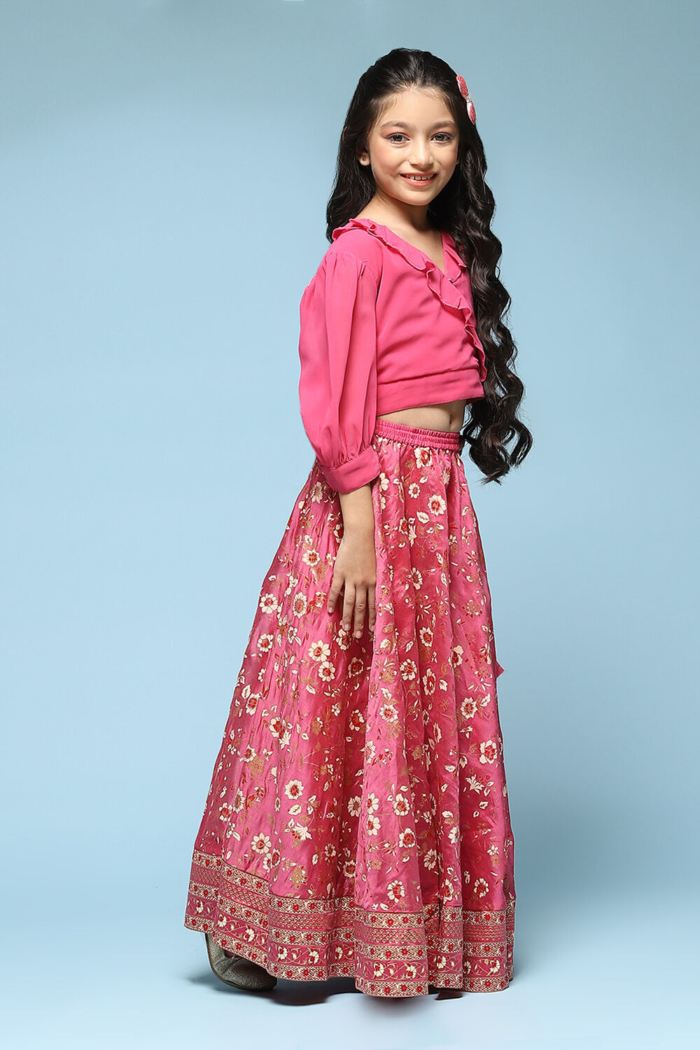 Pink Polyester Flared Printed Lehenga Set image number 5