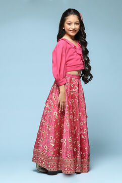 Pink Polyester Flared Printed Lehenga Set image number 5